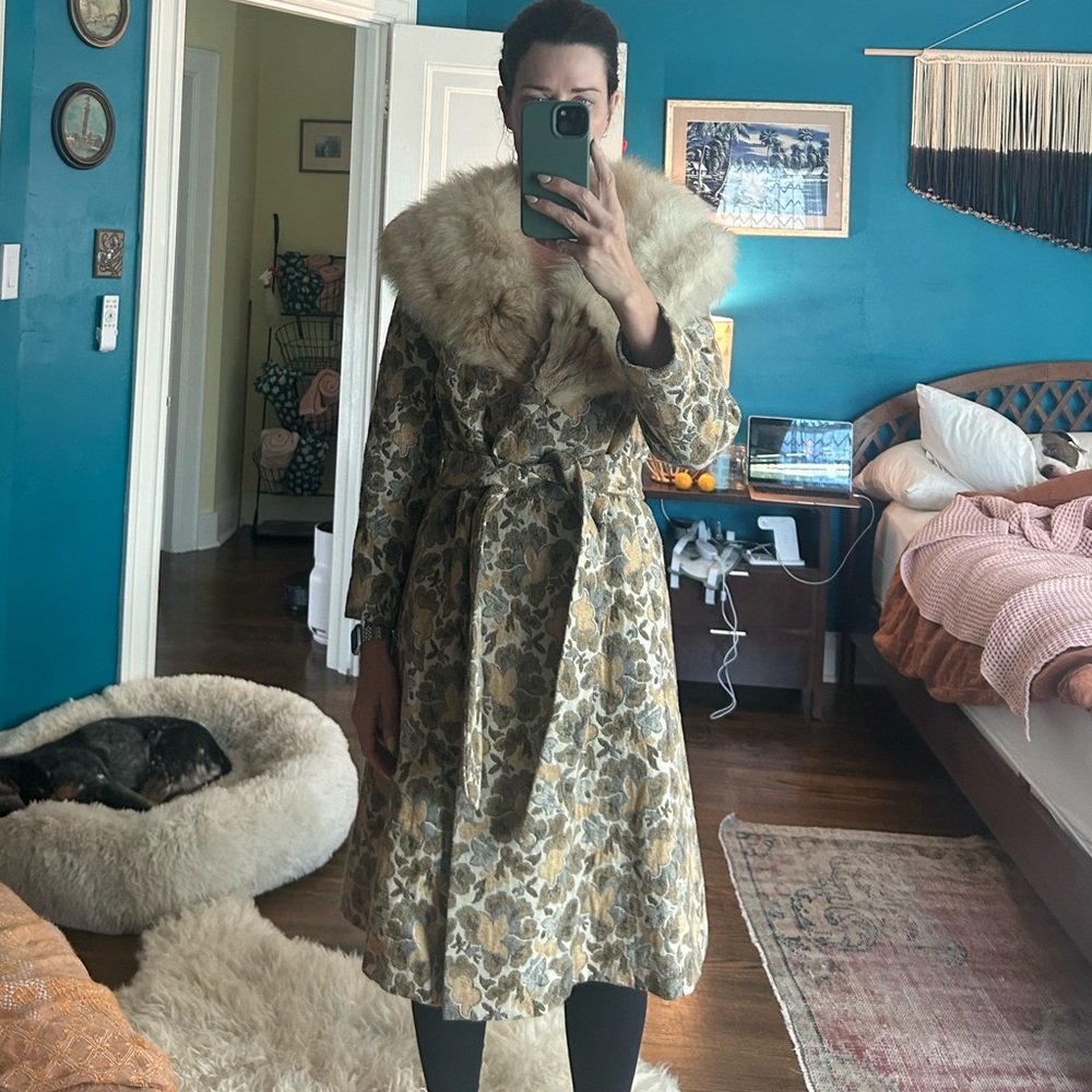 Vintage Carpet Coat with Real Fur Collar